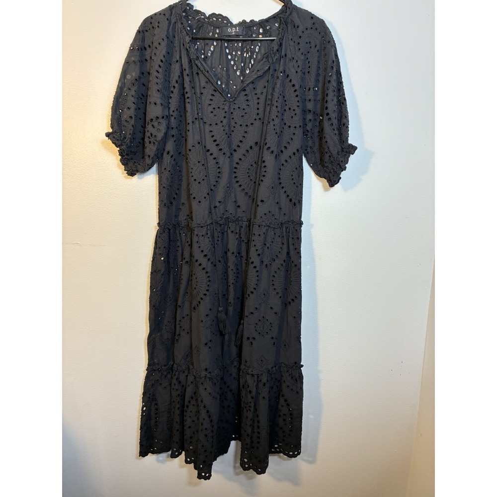 OPT All Over‎ Eyelet Midi Dress With Puff Sleeves Sz M Black Tassels 100% Cotton